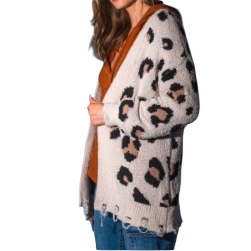 Loveriche Leopard Print Open Front Distressed Cardigan(Size Medium)